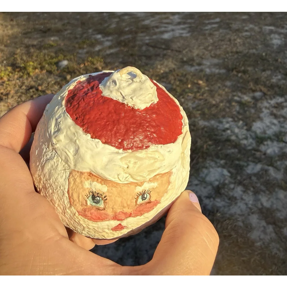 Hand Painted Paper Mache Santa Claus Head Christmas Ornament 3”